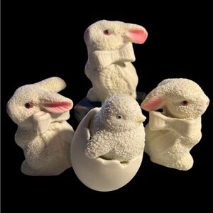 White Ceramic 3 Bunny and 1 Chick Figurines approx 3.5”